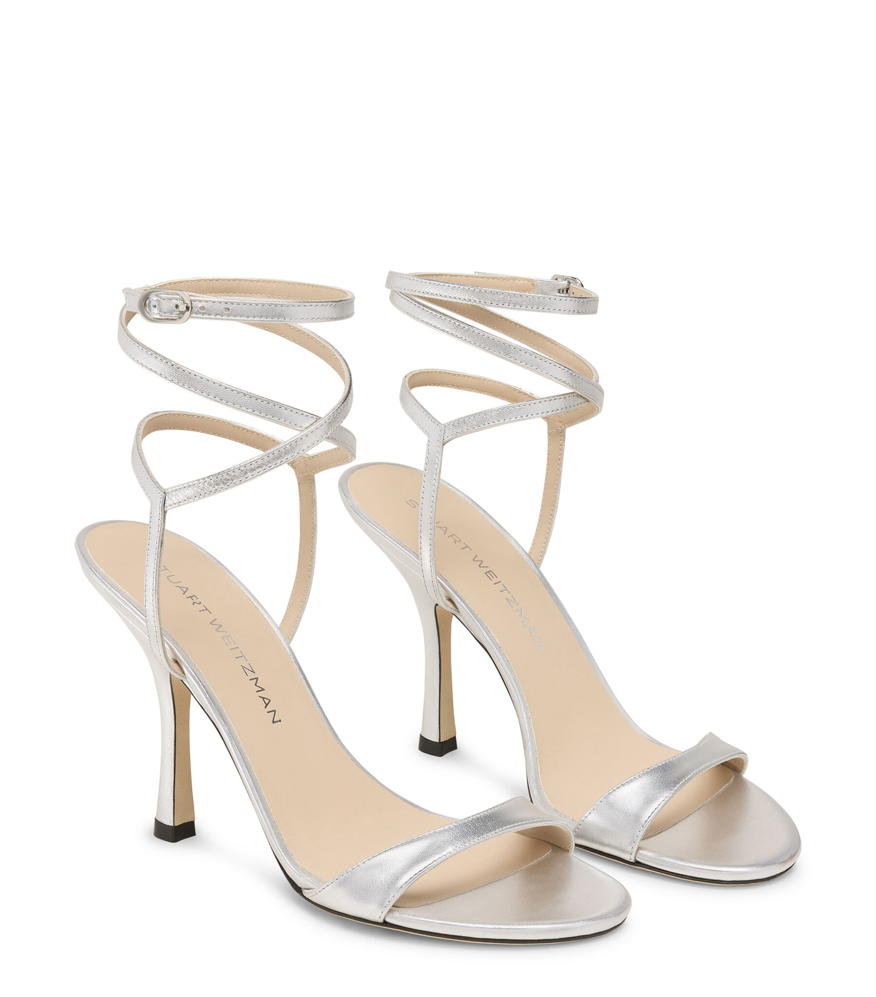 サンダル・ミュール Stuart Weitzman FW25 'Nudist Wrap' sandals (SL468 SLV) STUART WEITZMAN Nudist Wrap patent-leather sandals | NET-A