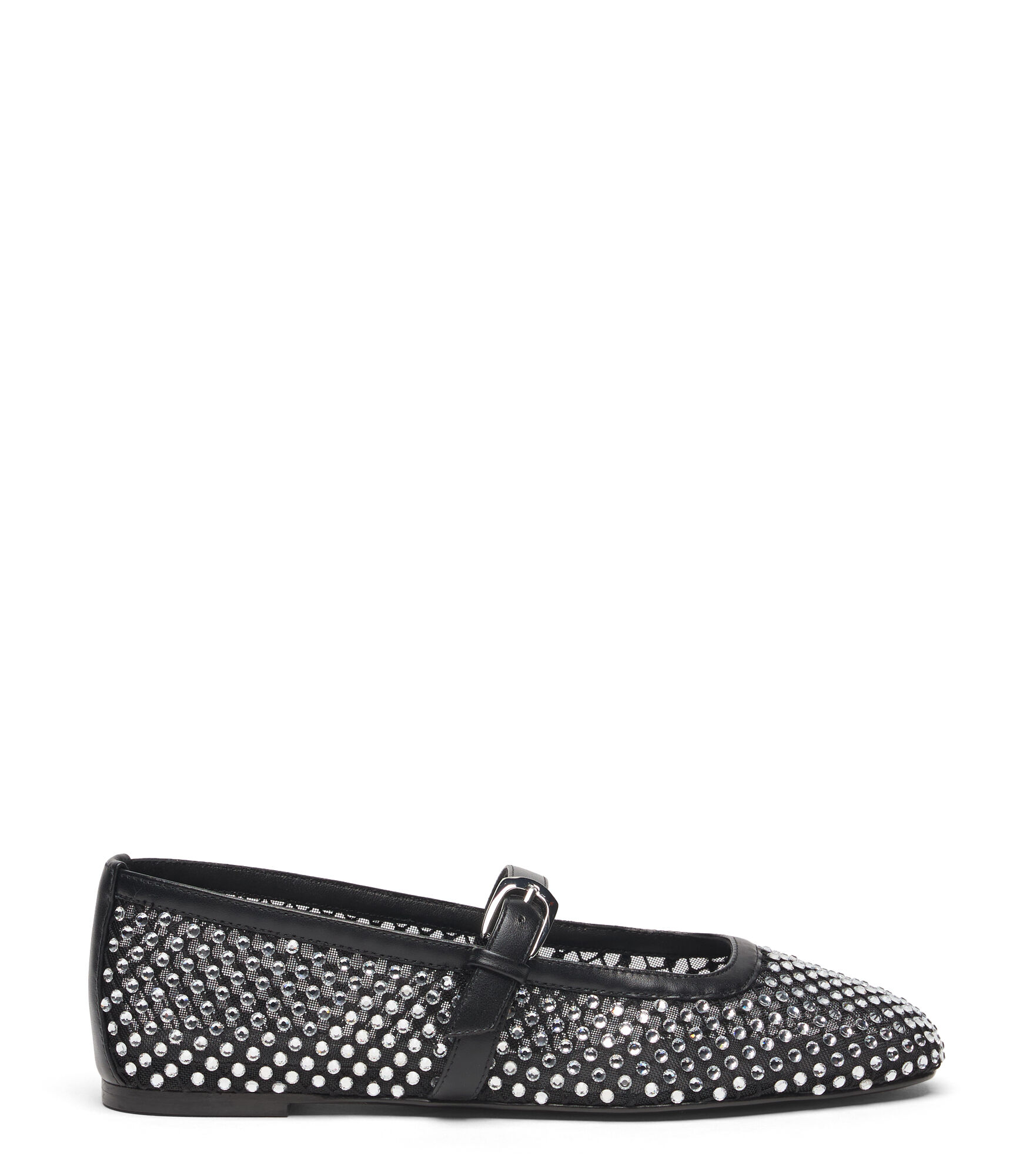 Stuart Weitzman, BAREITALL SHINE MARY JANE, FLATS AND LOAFERS, BLACK, CRYSTAL MESH/LACQUERED NAPPA