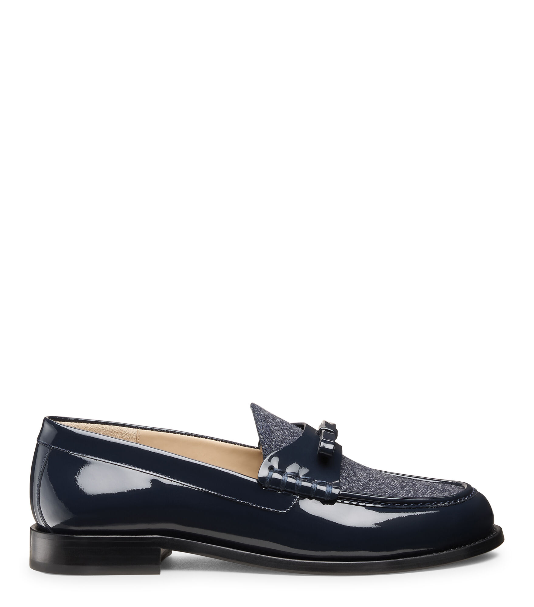 Stuart Weitzman, LOTTIE BOW LOAFER, FLATS AND LOAFERS, NICE BLUE, FALL TWILL/PATENT