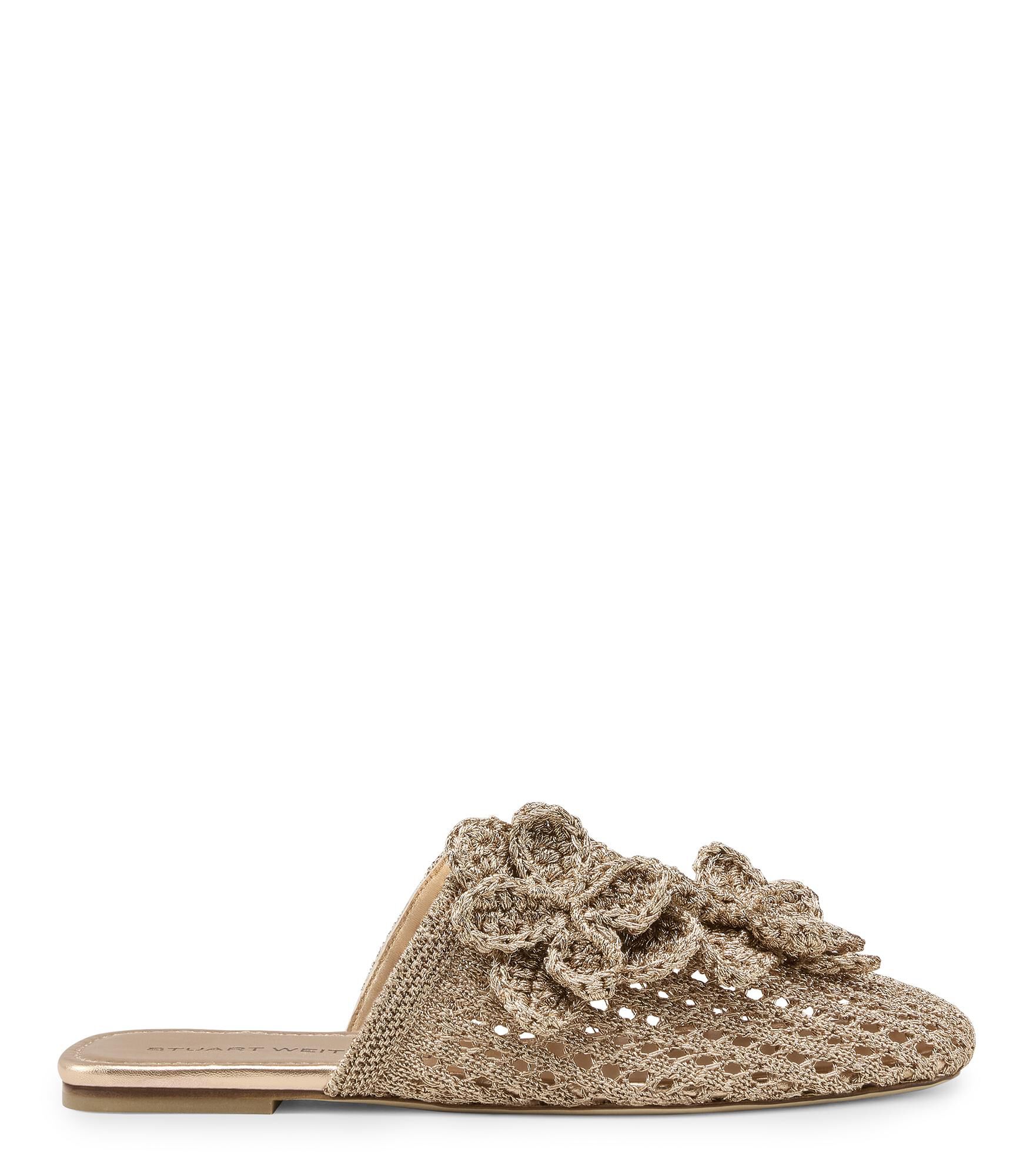 Stuart Weitzman, LOTUS MULE, SANDALS, LIGHT GOLD, LUREX CROCHET/LIQUID METALLIC