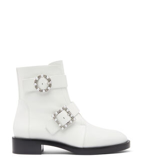 Stuart Weitzman RYDER PEARL GEO BUCKLE BOOTIE WHITE SB698SMOWHT