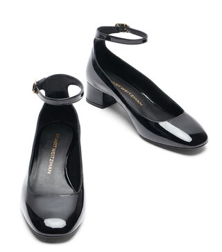 Amazon.com | Stuart Weitzman Women Stuart Weitzman Black Leather Round Toe Ankle Strap Block Heel Pumps Women\'s 38 main image 1