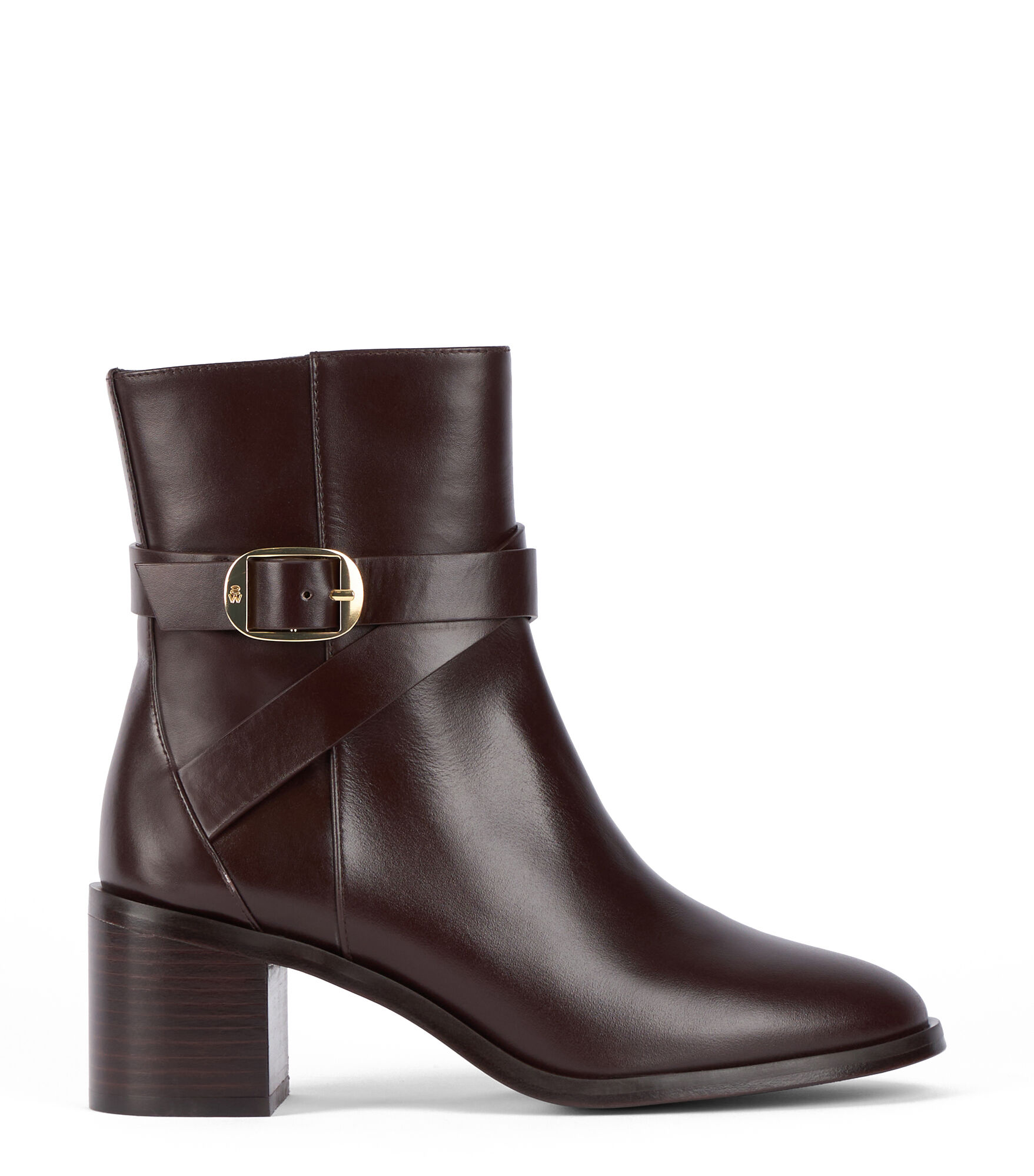 STUART WEITZMAN STUART WEITZMAN, ESME BELTED ZIP BOOTIE, LAST CHANCE, DARK BROWN, HERITAGE CALF/STACKED