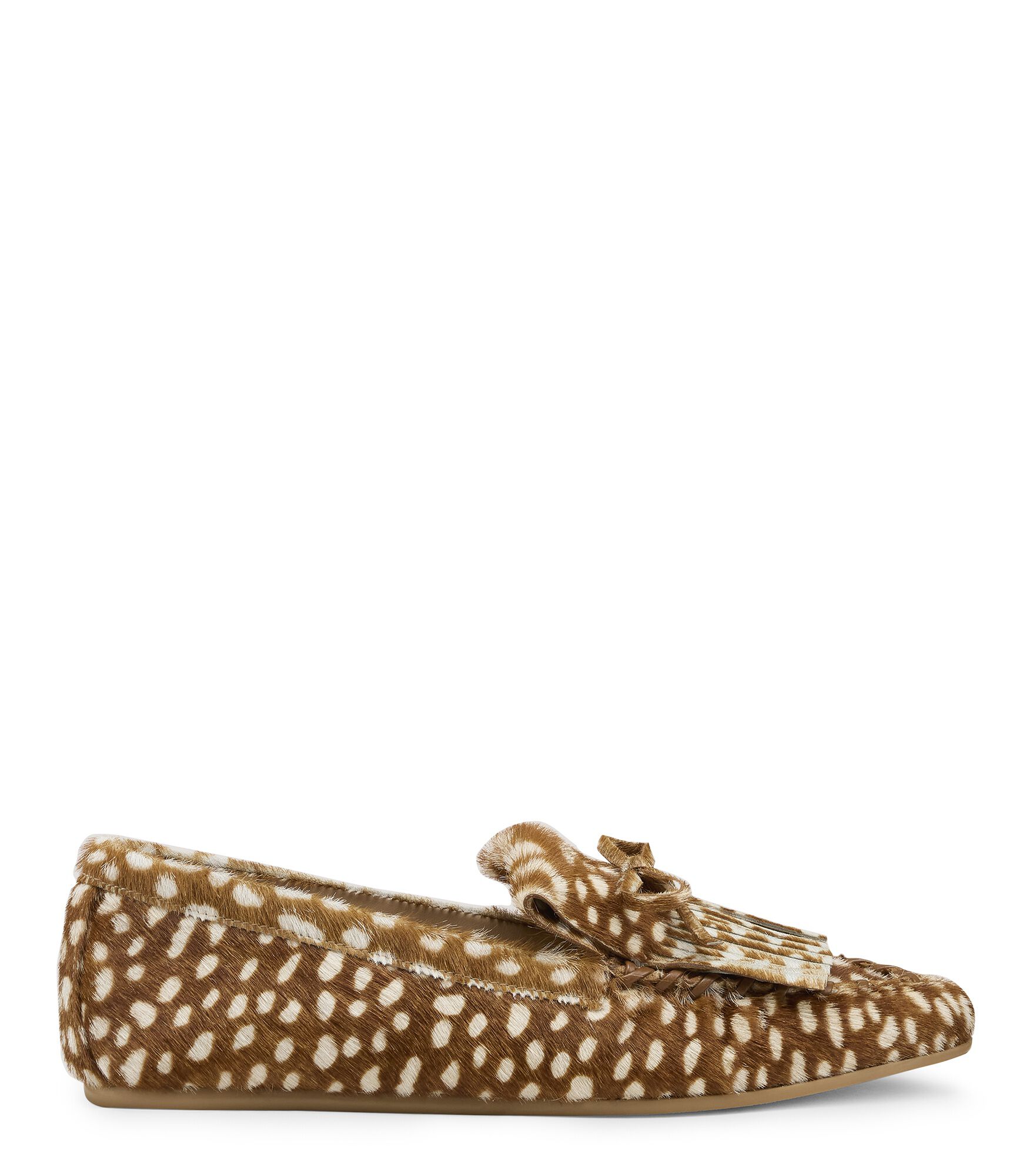 Stuart Weitzman, BRITT FRINGE MOCCASIN, FLATS AND LOAFERS, BROWN/WHITE, DOTTED HAIR CALF