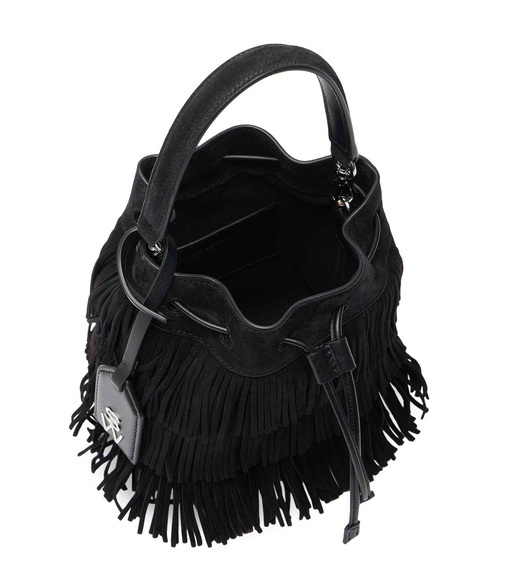 RAE FRINGE MINI BUCKET BAG in BLACK for Women | Stuart Weitzman®