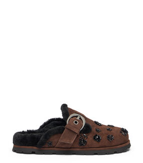 Stuart Weitzman CHRYSTIE SHEARLING MULE WALNUT/BLACK SM431JSSEEW