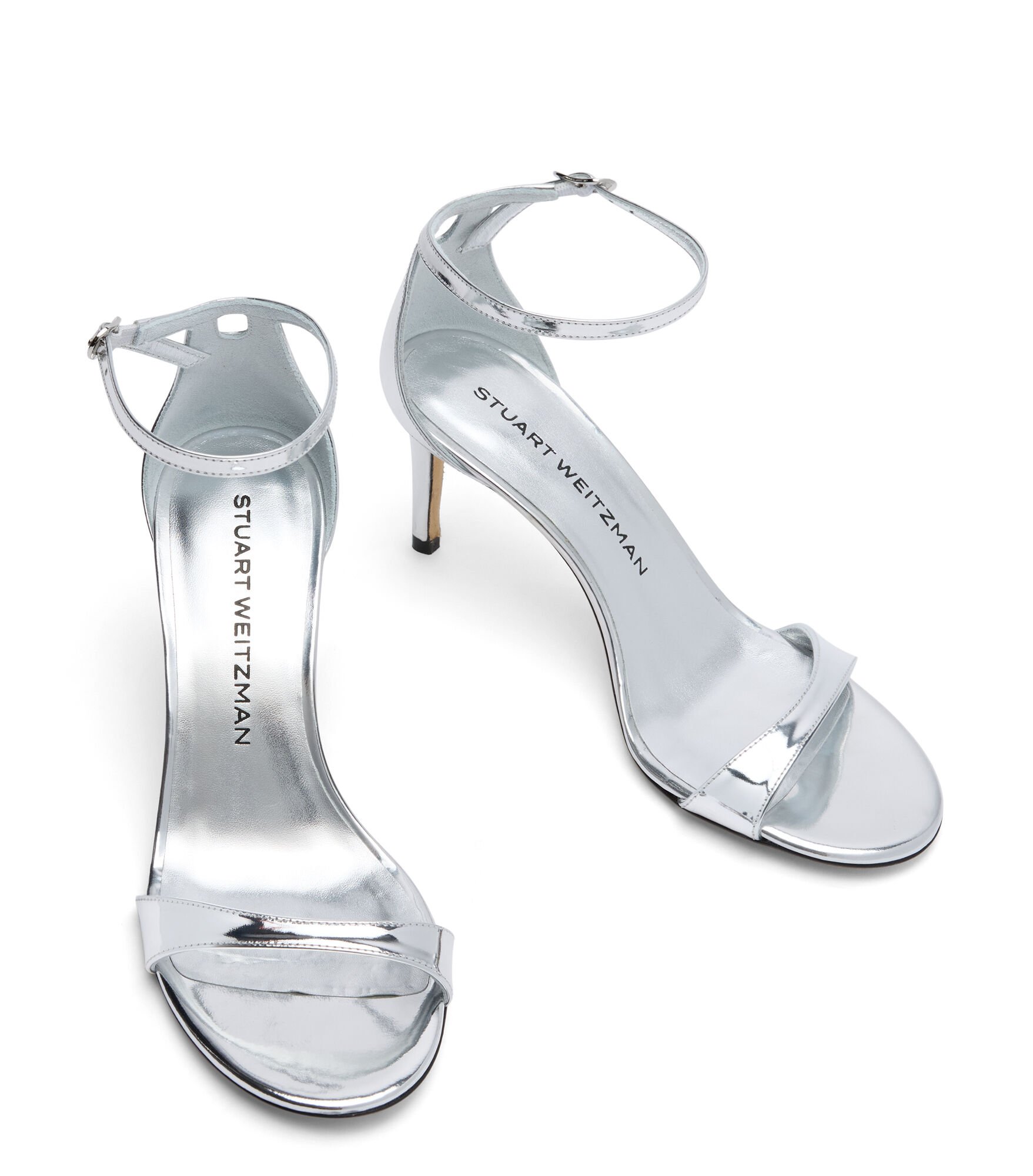 サンダル・ミュール Stuart Weitzman SS25 NUDISTARC 75 SANDAL (SJ991 SLV) NUDIST SHINE 75 SANDAL in LIGHT SILK/LINEN for Women