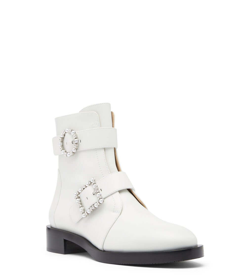 Stuart Weitzman RYDER PEARL GEO BUCKLE BOOTIE WHITE SB698SMOWHT